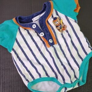 Vintage Teal, Navy & Orange Striped Baby One-Piece with Bear Patch